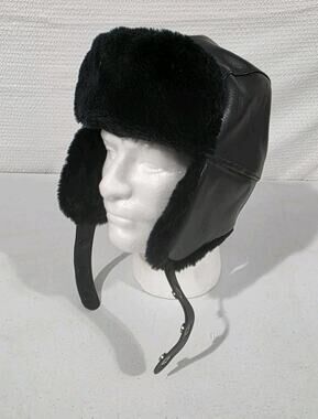 Brower Faux Fur Trapper Ushanka Hat Black Ear Flap Snap Chin Strap Winter